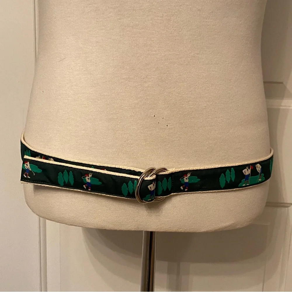 MENS BELT GOLF THEME GREEN CREAM WEBBING SILVER TONE D RINGS SIZE 38